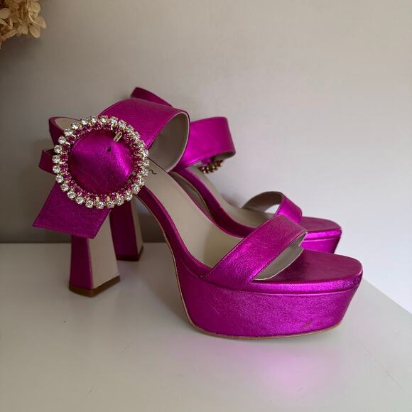 Karen Millen Fuchsia Open Toe Pink Rhinestone Buckle High Heels Sandal 40 / 9 - Picture 2 of 9